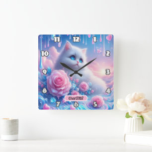 Horloge Carrée Dreamy Kitten : Roses roses, Yeux Bleus