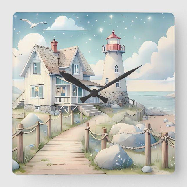 Horloge Carrée Dreamy Pastel Lighthouse by the Sea (Recto)