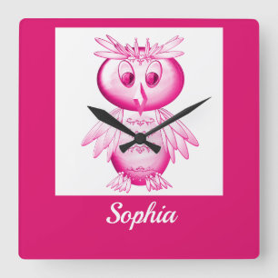 Horloge Carrée Drôle Chouette rose Enfants personnalisés