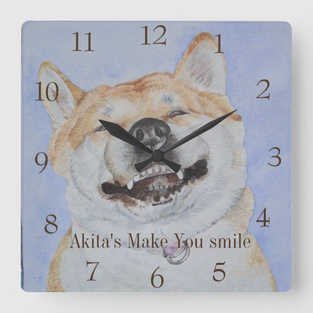 Horloge Carrée drôle de photo de akita chien souriant (Recto)