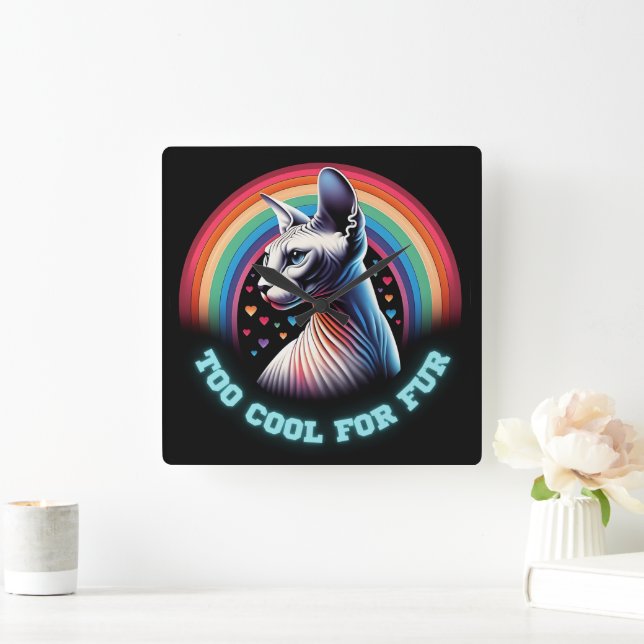 Horloge Carrée Drôle dit Sphynx Chat Rainbow Hearts Trop Cool (Maison)
