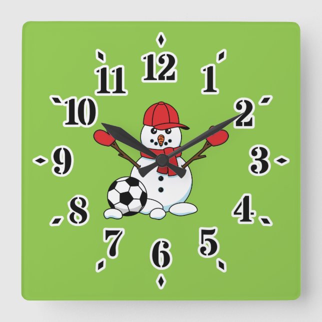 Horloge Carrée Drôle Snowman avec balle de football (Recto)