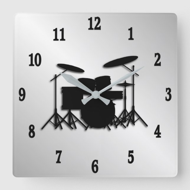 Horloge Carrée Drum Set Music Design Black Numbers (Recto)