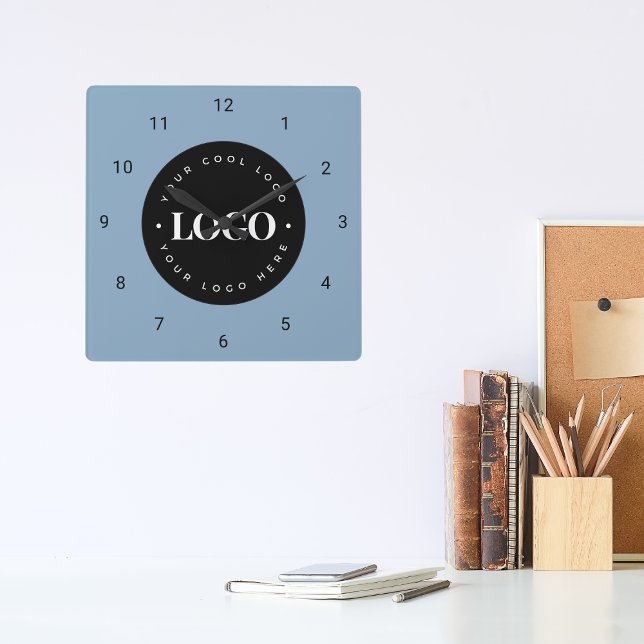Horloge Carrée Dusty Blue Custom Logo Business Company Office (Créateur téléchargé)