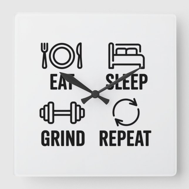 Horloge Carrée Eat. Sleep. Grind. Repeat (Recto)