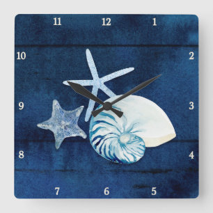 Horloge Carrée Eau de mer de Nautilus Coquillages Plage Bleu