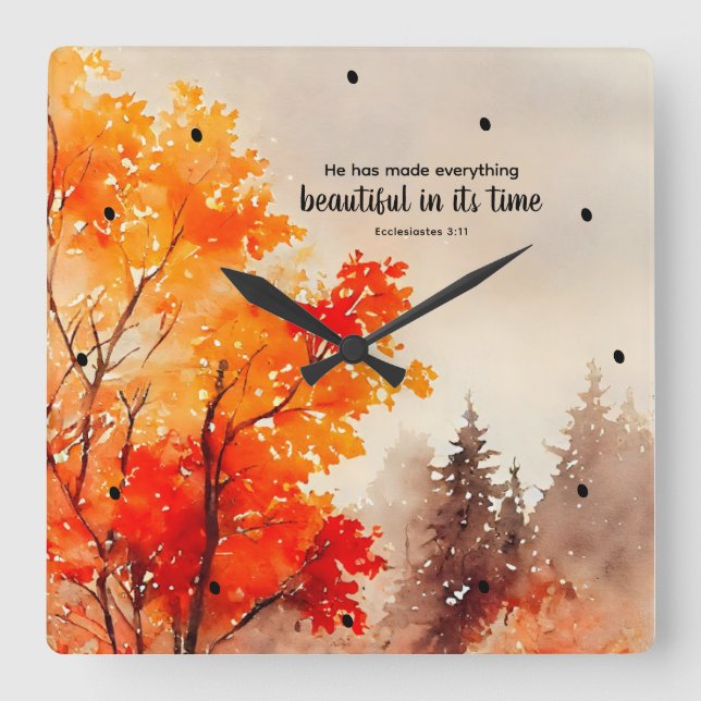 Horloge Carrée Ecclésiaste 3:11 Verse Bible Automne Aquarelle (Recto)