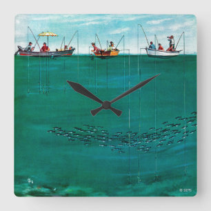 Horloge Carrée École des poissons parmi des lignes par Thornton