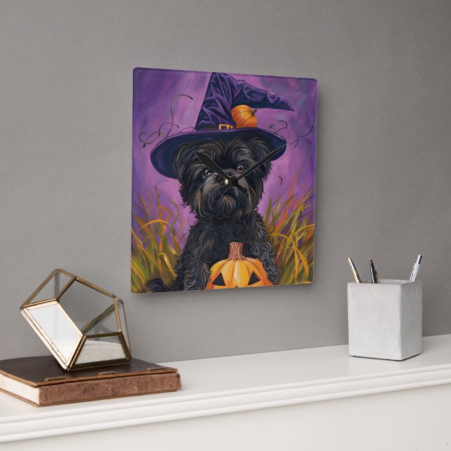 Horloge Carrée Éffrayant Affenpinscher Halloween sorcière et Citr (Bureau)