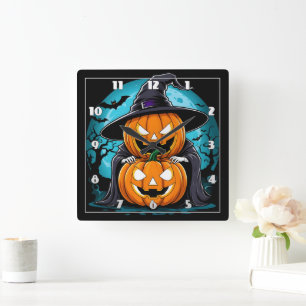 Horloge Carrée Éffrayant fantôme d'Halloween avec des citrouilles