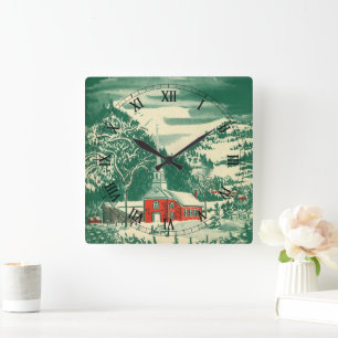 Horloge Carrée Église de Noël vintage, paysage enneigé en hiver