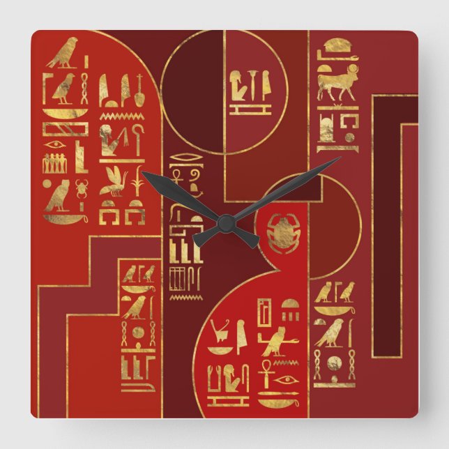 Horloge Carrée Egyptian Geometric Art Deco Red and Gold (Recto)