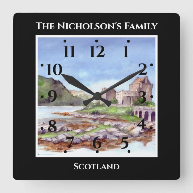 Horloge Carrée Eilean Donan Castle Ecosse Aquarelle Noir (Recto)