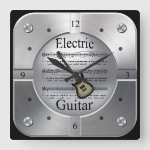 Horloge Carrée Elec Guitar~Partition Musique~Couleur argent bross