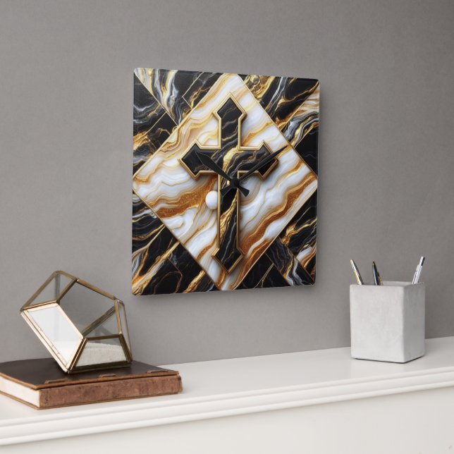 Horloge Carrée Elégance Monochrome céramique motif Touches dorées (Bureau)