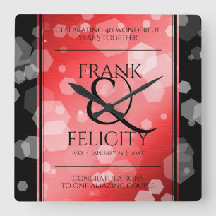 Horloge Carrée Élégant 40ème 80ème anniversaire de Ruby Mariage