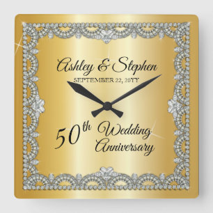 Horloge Carrée Élégant 50e anniversaire de Mariage Diamonds