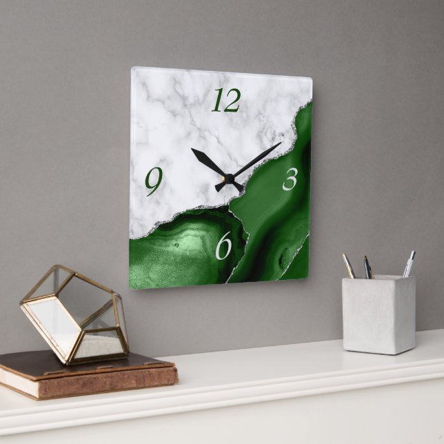 Horloge Carrée Elégant Agate Vert Parties scintillant Argent Marb (Bureau)