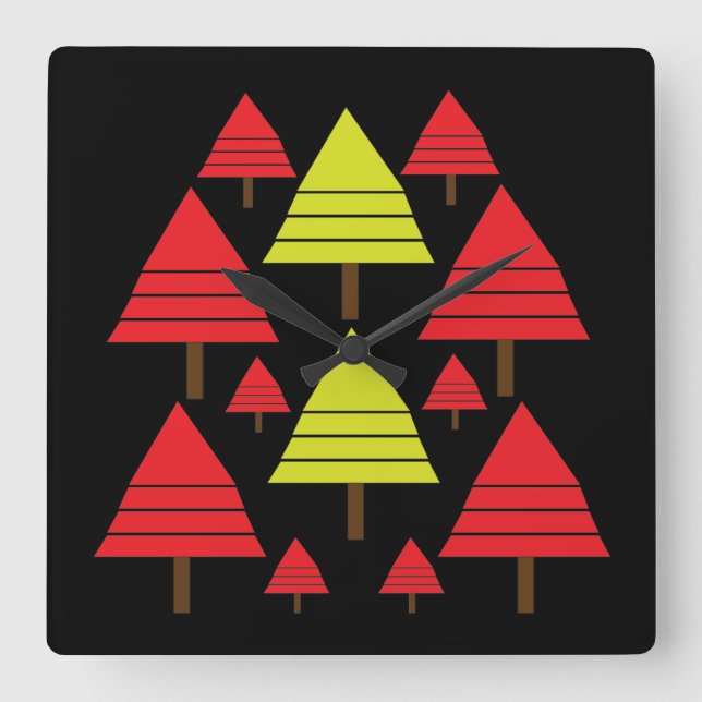 Horloge Carrée Élégant arbre de Noël vert rouge moderne (Recto)