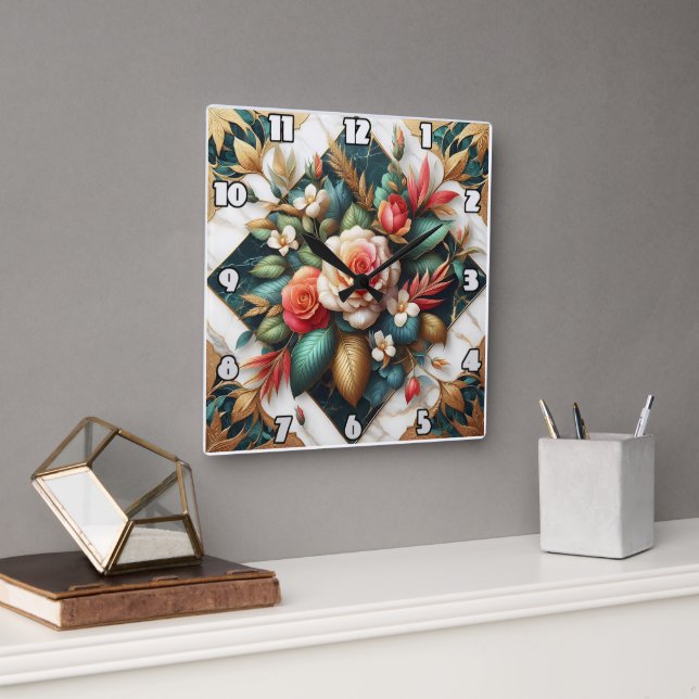 Horloge Carrée Élégant Arrangement Rose Avec Accents Feuilles (Bureau)