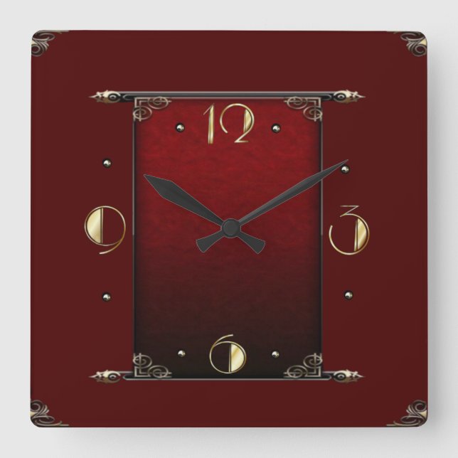 Horloge Carrée Elégant Art Déco Rouge (Recto)