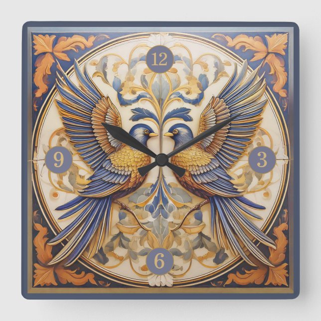 Horloge Carrée Elégant Art Nouveau Birds Pat#21 Blue Gold ID1078 (Recto)