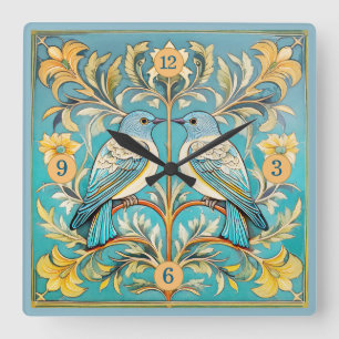Horloge Carrée Élégant Art Nouveau Birds Pat#23 Turquoise Peach I