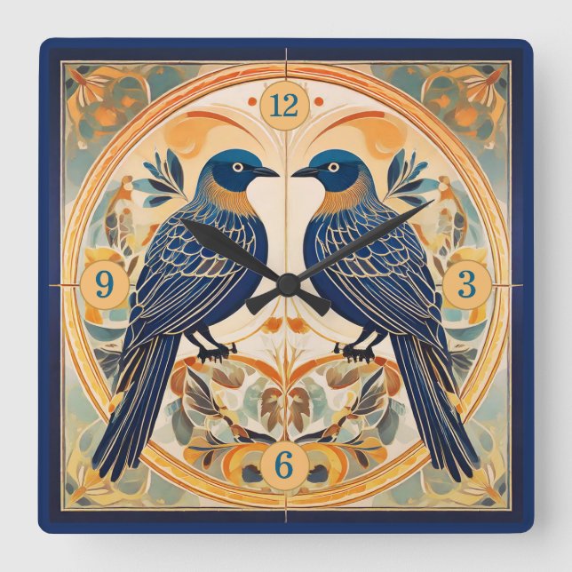 Horloge Carrée Élégant Art Nouveau Oiseaux Pat#22 Blue Peach ID10 (Recto)
