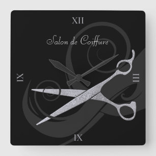 Horloge Carrée Elégant Black Curls Silver Ciseaux Salon de Coiffu