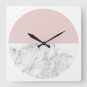 Horloge Carrée élégant blanc clair marbre rose cercle géométrique