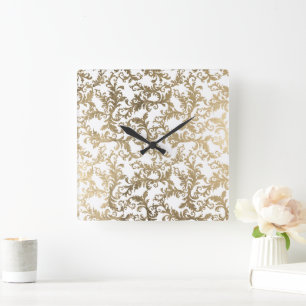 Horloge Carrée Élégant boho blanc or floral vintage damask