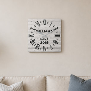 Horloge Carrée Élégant Bois Blanc Rustique Personnalisé