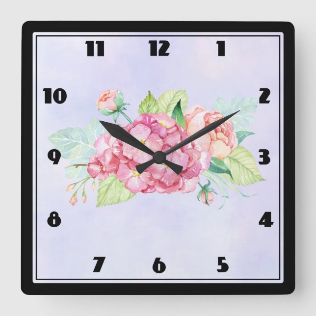 Horloge Carrée Elégant Bouquet de fleurs rose (Recto)