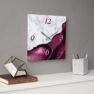 Horloge Carrée Elegant Burgundy Agate Silver Glitter Marble