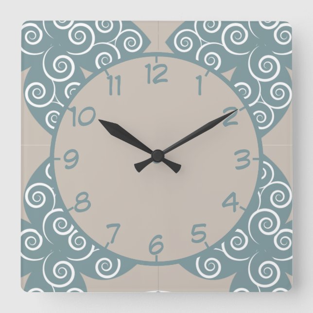 Horloge Carrée Elégant Carrelage marocain Bleu Motif argent (Recto)