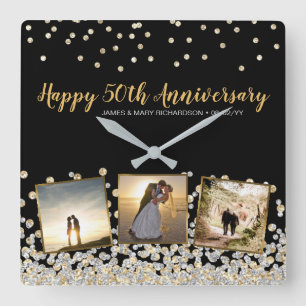 Horloge Carrée Elégant Collage Photo Silver Gold 50e Anniversaire