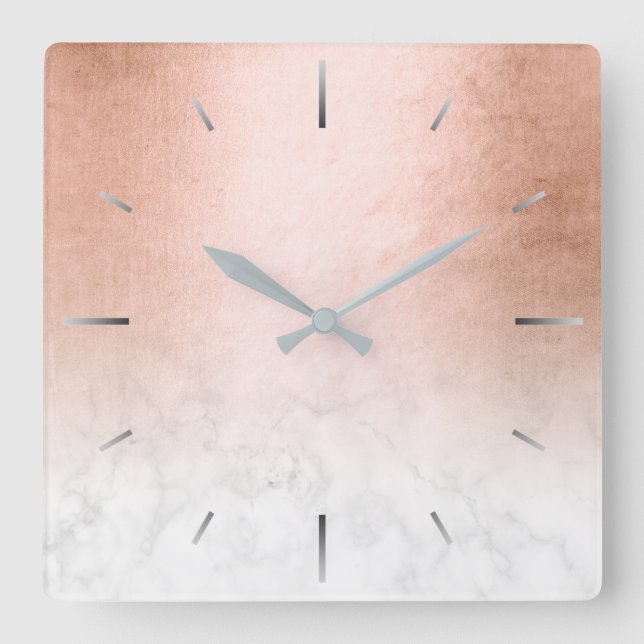Horloge Carrée Elégant dégradé moderne cuivre or marbre blanc (Recto)