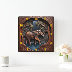 Horloge Carrée Elégant éléphant au milieu d'une cascade paisible