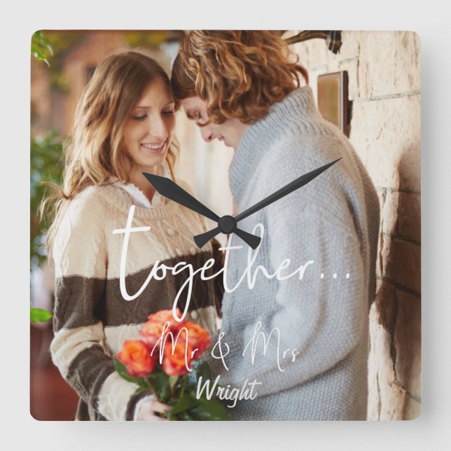 Horloge Carrée Elegant Ensemble Mr & Mrs Photo Personnalisé (Recto)
