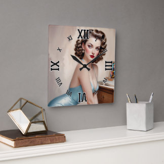 Horloge Carrée Élégant Épinglette Beauté de fille en bleu satiné
