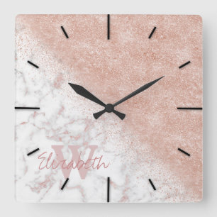 Horloge Carrée Élégant faux rose en or confetti image en marbre
