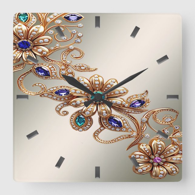 Horloge Carrée Elegant Gold Jewel Flowers Wall Clock (Recto)