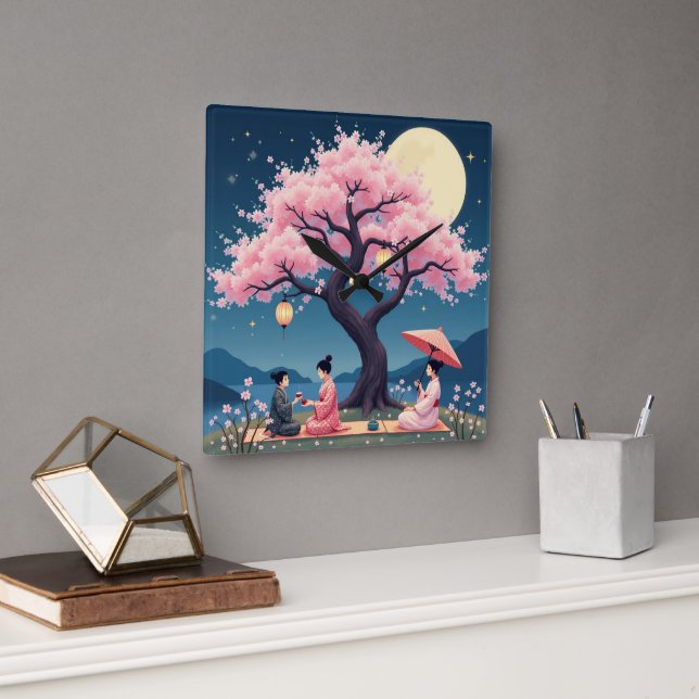 Horloge Carrée Elegant Hanami Cherry Blossom Wall Clock (Bureau)