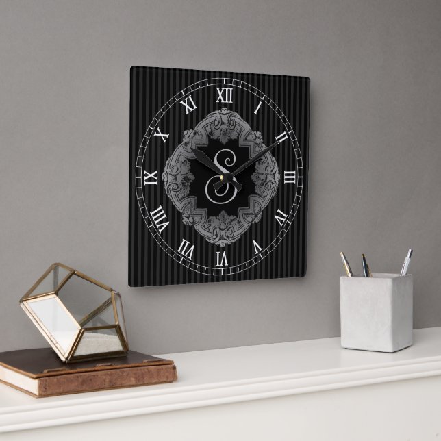 Horloge Carrée Élégant, Initiale Monogramme (Bureau)