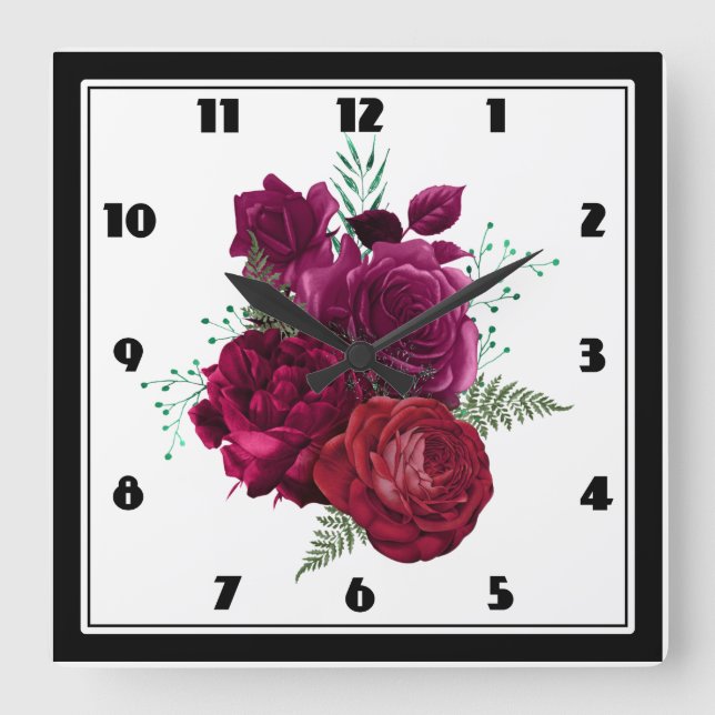 Horloge Carrée Elegant Magenta Rose Floral Bouquet (Recto)
