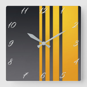 Horloge Carrée Élégant, moderne, lignes verticales jaunes, gris f
