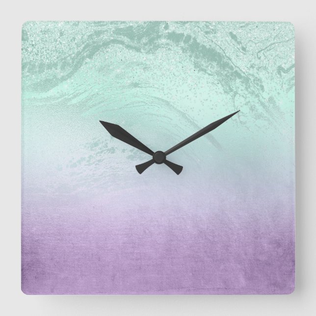 Horloge Carrée Elégant moderne ombre violet & menthe parties scin (Recto)