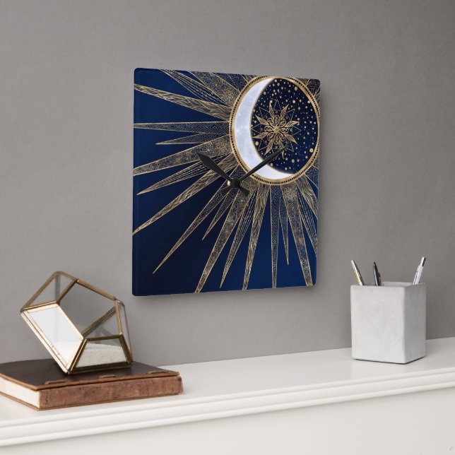 Horloge Carrée Elégant or & Blue Sun Moon Mandala Doodles Art (Bureau)