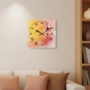 Horloge Carrée Élégant papillons Pastel et des perruques
