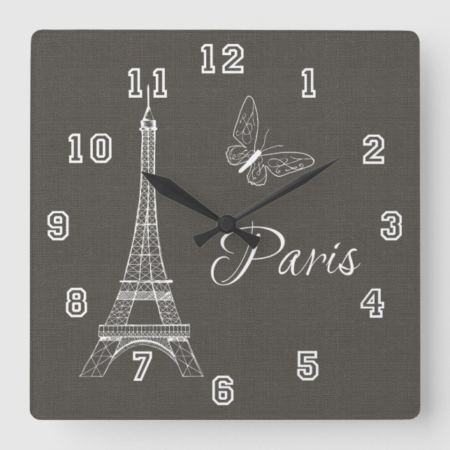 Horloge Carrée Elégant Paris Tour Eiffel Papillon gris foncé (Recto)